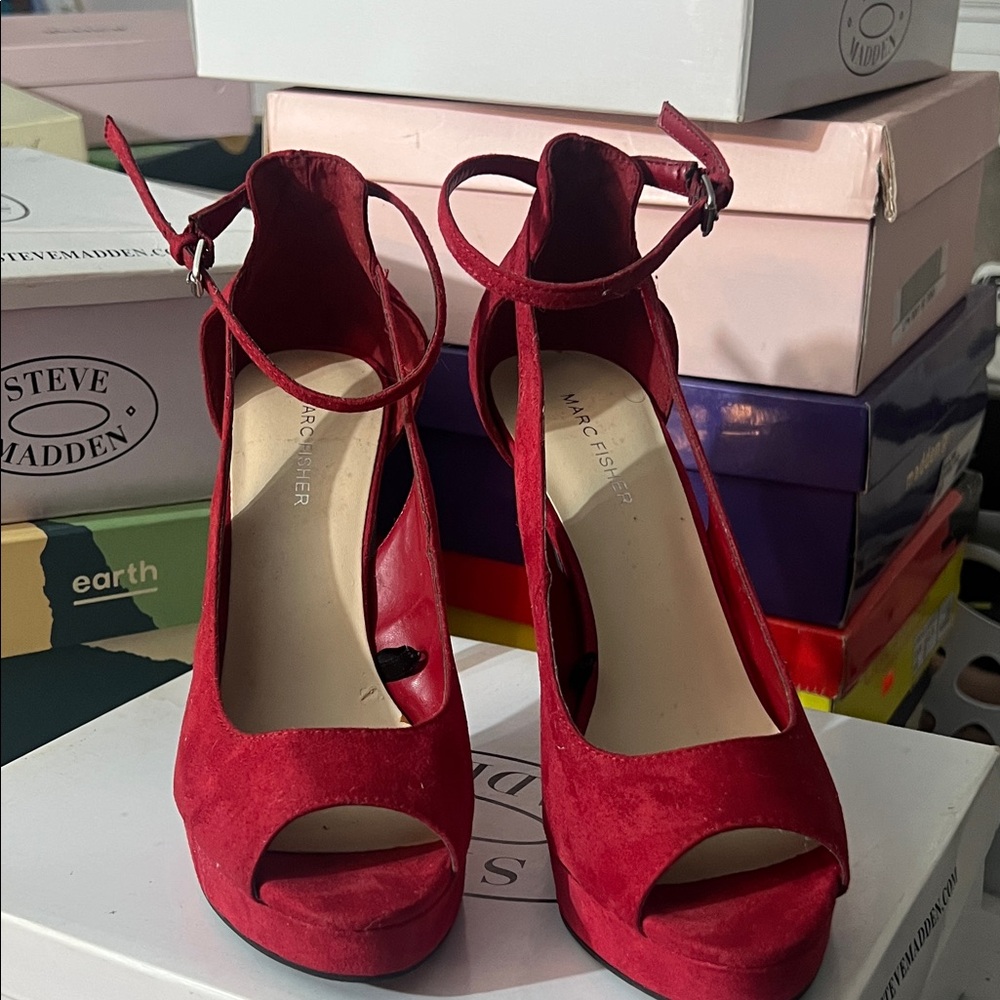 Marc Fisher Red Suede Peep-Toe Ankle Strap Heels